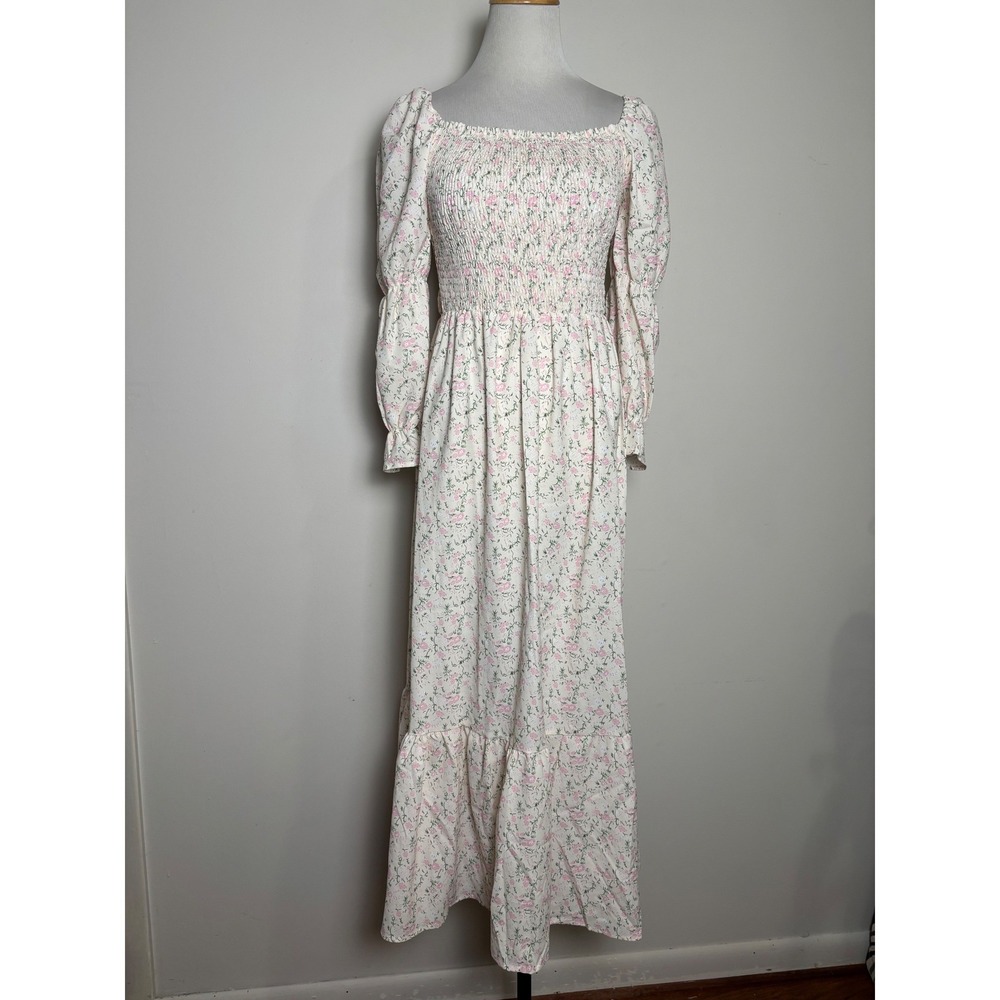 Smocked Cottage Floral Maxi Dress Small‎ Coquette Milkmaid Prairie Romantic Boho